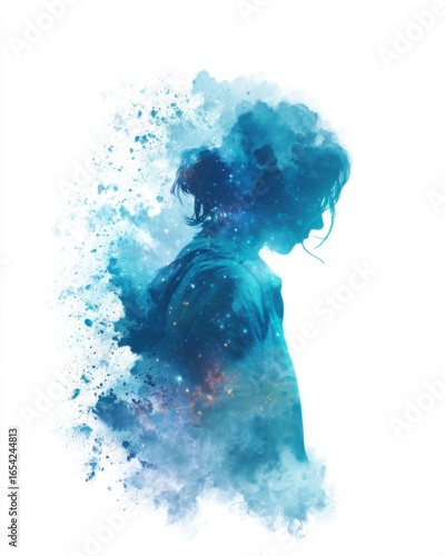 Blue Cosmic Girl Silhouette Watercolor Painting