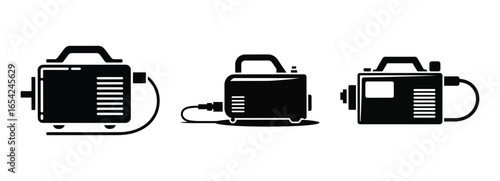 Three black silhouettes of portable welding machines
