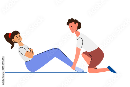 Young caucasian female doing sit-ups with assistance from young caucasian male.