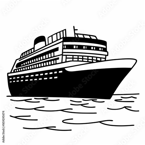 Black and white illustration of a cruise ship sailing on water boat ocean