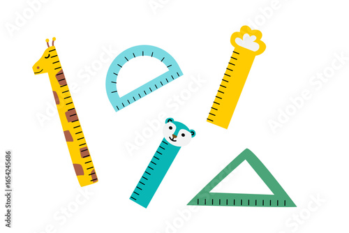 Colorful cartoon animal rulers and geometric shapes for kids' learning.