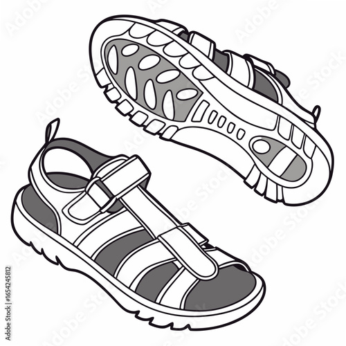 Black and white line art illustration of two children's sandals on a white background shoes footwear