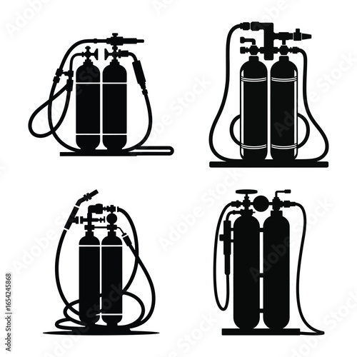 Four silhouettes of welding gas tanks with hoses