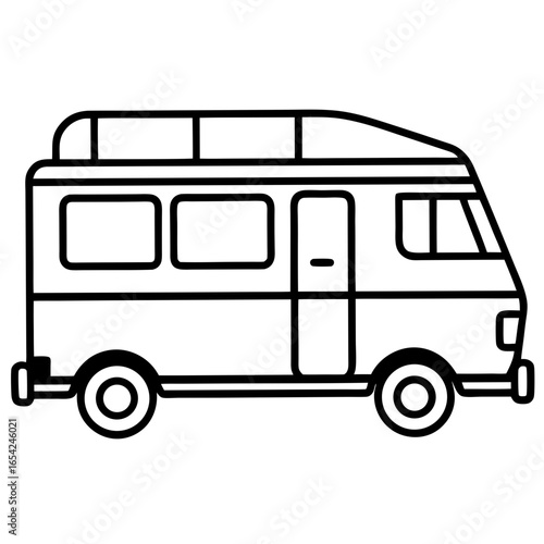 Black outline drawing of a camper van with a roof rack on a white background caravan vehicle