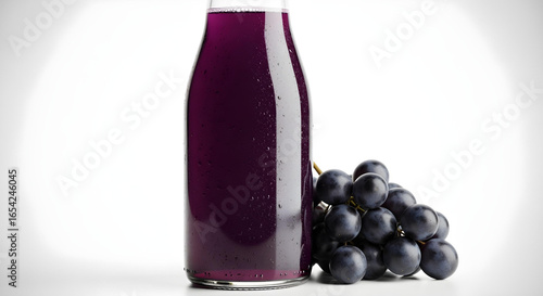 Close-up of organic black grape beverage in clear bottle, fresh and premium.

