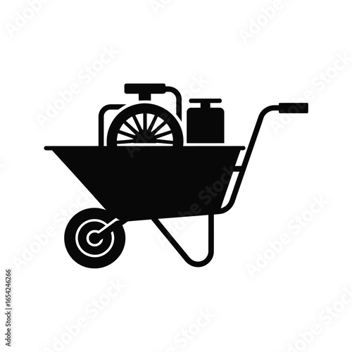 Silhouette of a wheelbarrow loaded with equipment and weights