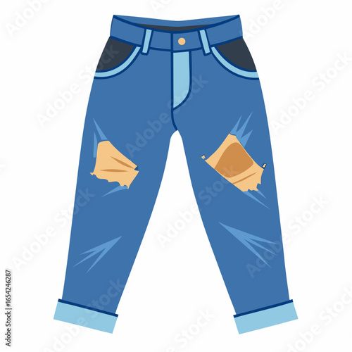 Blue ripped jeans with distressed holes and beige patches on a white background denim