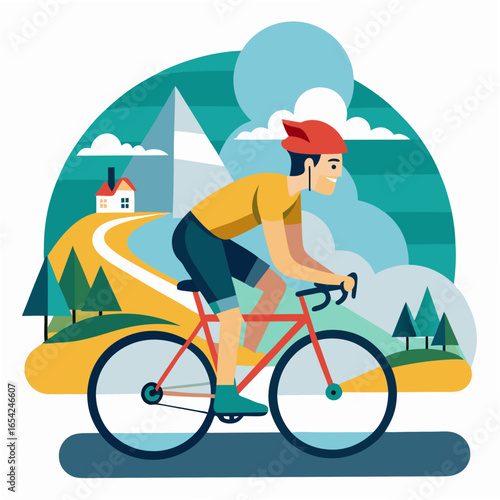 Cyclist riding a bicycle through a stylized landscape with a house and mountains cycling road