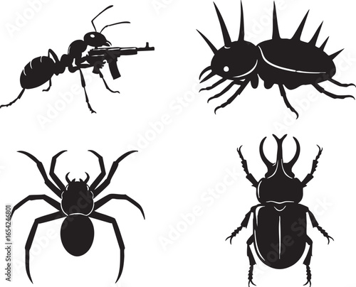 Ant with rifle spider beetle spiky insect vector, ant, rifle, spider, beetle, spiky insect, black, white, silhouette, illustration, vector, creature, arthropod, insectoid, creepy, menacing, armed, hor
