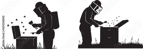 Beekeeper tending hive with bees flying around beekeeping, beekeeper, beekeeping, hive, bees, apiary, protective suit, smoker, tool, grass, outdoor, agriculture, nature, insects, farming, honey, apiar