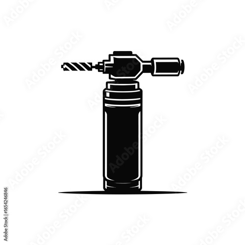 Black and white illustration of a blow torch with a drill bit attachment