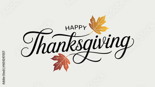 Elegant Happy Thanksgiving Script With Autumn Maple Leaves On Cream Background