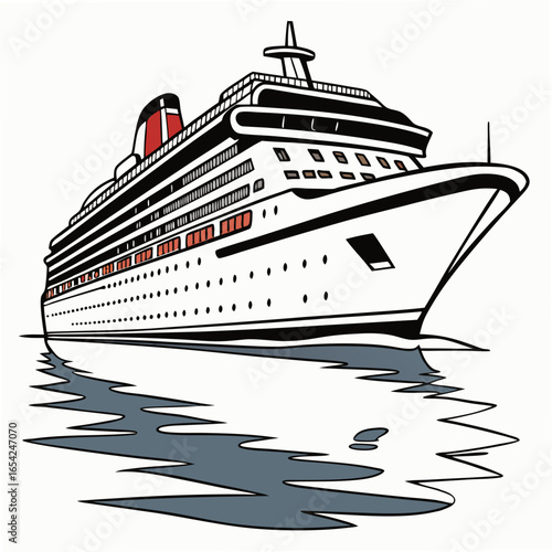 Large white cruise ship with red accents sailing on water with reflection ocean liner passenger ship
