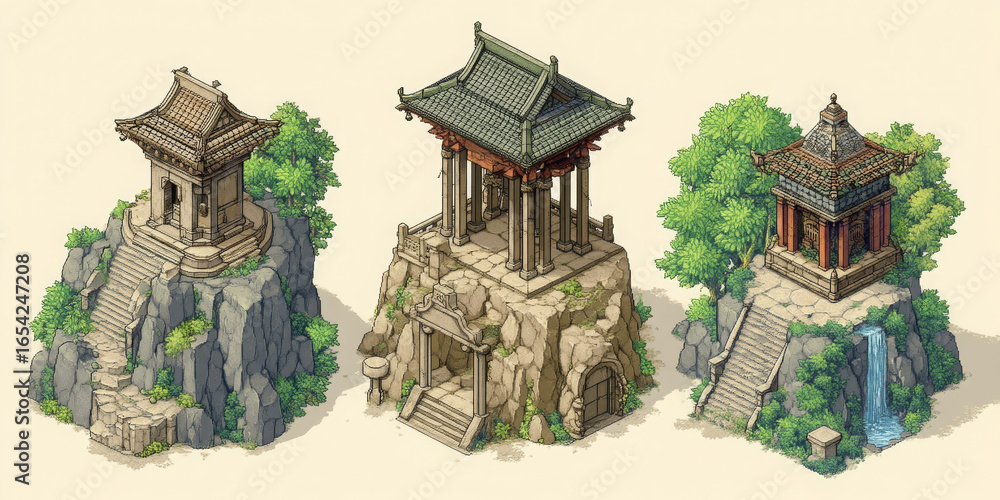 Fototapeta premium Sacred mountain temple stand majestically, pixel art asset blocky set is impressive
