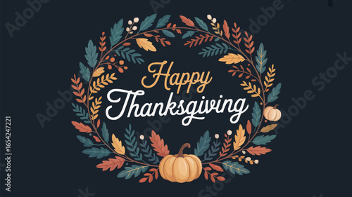 Festive Happy Thanksgiving Wreath Illustration with Pumpkins and Autumnal Leaves on Dark Background