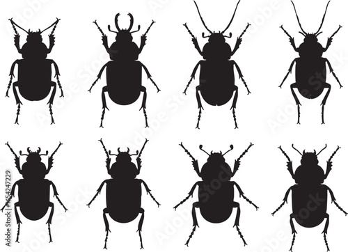 Black beetle silhouettes with varied antennae and horns, beetle, insect, silhouette, black, white, antennae, horns, legs, entomology, illustration, graphic, design, creature, arthropod, macro, detail,