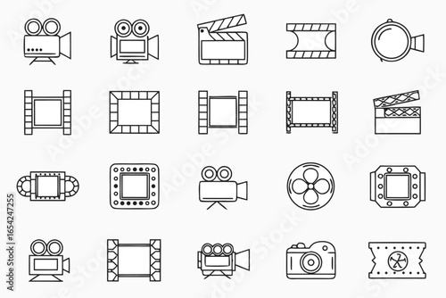 Collection of outlined film industry related icons including cameras film reels and clapperboards artfully arranged