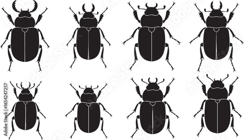 Black beetles with prominent horns and segmented legs, beetle, insect, black, silhouette, horns, segmented legs, entomology, illustration, white background, arthropod, creature, design, graphic, detai
