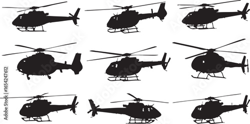 Black helicopter silhouettes in various poses aviation, helicopter, aviation, transport, silhouette, black, white, flying, rotor, blades, tail rotor, skids, windows, aviation technology, aerial vehicl