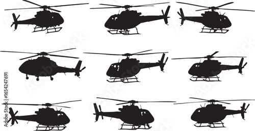 Black helicopter silhouettes in various poses rotorcraft, helicopter, rotorcraft, aviation, transport, silhouette, black, white, flying, aircraft, vehicle, military, civilian, utility, travel, motion,