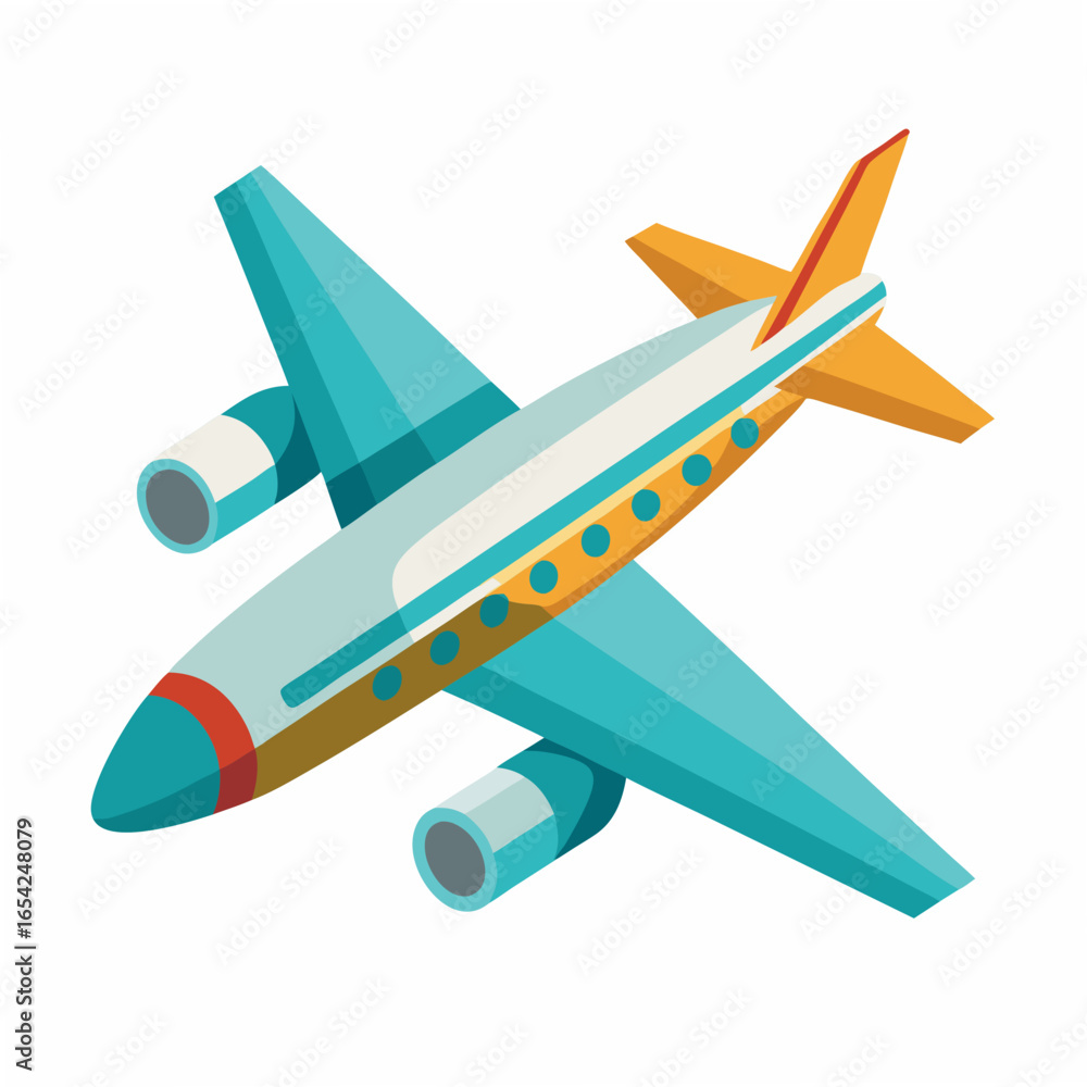 Fototapeta premium Teal and orange airplane with windows in flight on a white background aircraft travel
