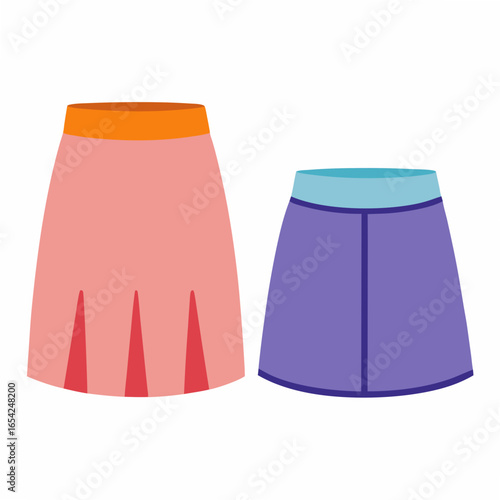 Two skirts one pink pleated midi skirt and one purple mini skirt on a white background fashion clothing
