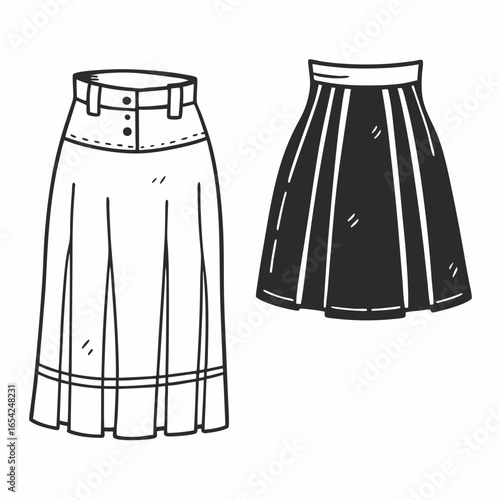 Two skirts one black and white outline the other solid black on a white background fashion clothing