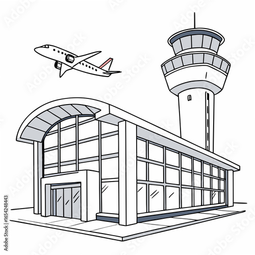 Airplane flying near a modern airport terminal building and control tower aircraft