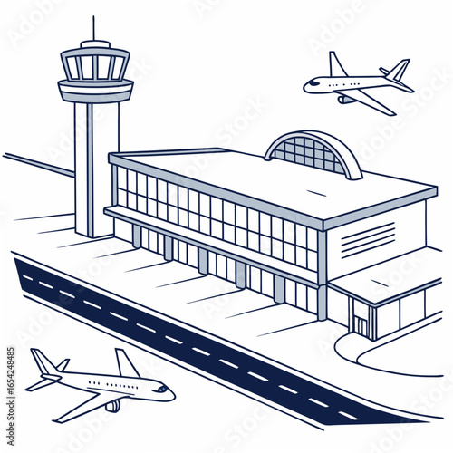 Airport terminal building with control tower and airplanes on a white background vector