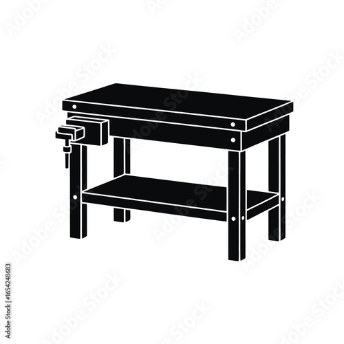 Sturdy wooden workbench with integrated vise