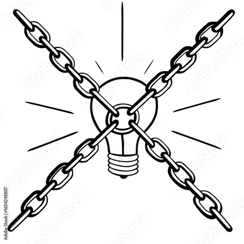 A lightbulb surrounded by chains in an x shape with radiating lines on a white background design "svg"