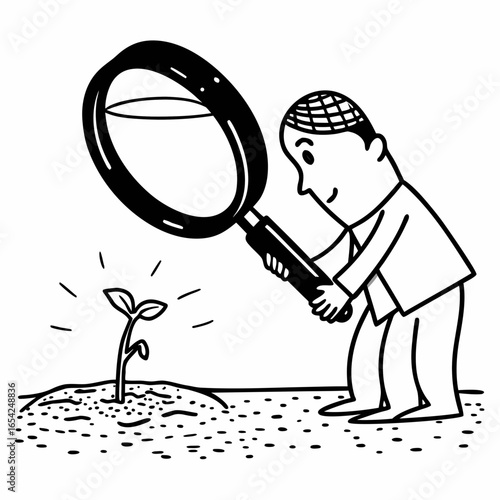A man with a patterned hat examines a small plant with a magnifying glass in a black and white drawing "svg"