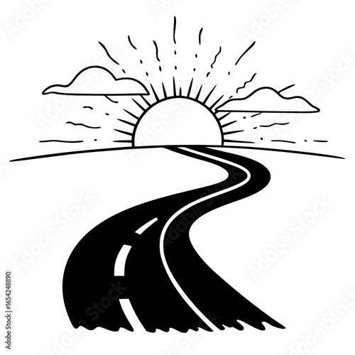 A winding road stretches towards a rising sun with clouds in a minimalist black and white drawing style "svg"