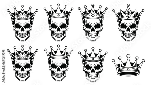 Monochrome Line Art Featuring Collection of Skulls Topped With Different Royal Crowns Illustrations