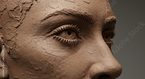 Intricate textured close-up of a lifelike clay sculpture focusing on the face and eyes