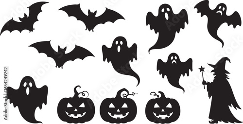 Halloween bats ghosts pumpkins witch vector, halloween, bats, ghosts, pumpkins, witch, spooky, scary, night, october, holiday, celebration, costume, trick or treat, carved, jack-o-lantern, magic, fant