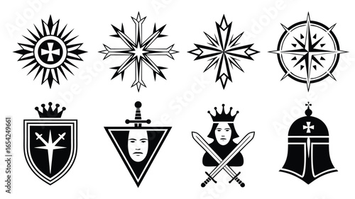 Set of Stylized Heraldic Emblems Sun, Shields, Crowns, Masks, Compasses, and Knight Helmet