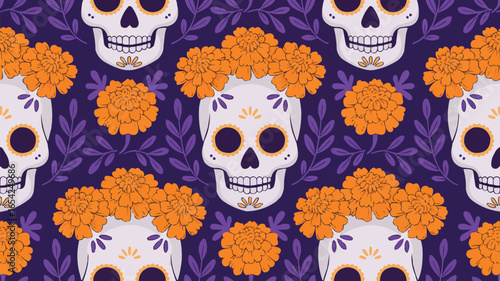 Seamless Day of the Dead Pattern Skulls, Marigolds, and Purple Leaves Illustration
