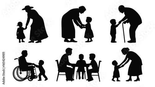 Silhouetted Generations Grandparents with Grandchildren, Family Time, Support, and Shared Moments in Black and White