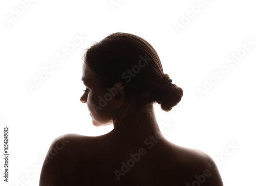 Silhouette of beautiful woman on white background, back view