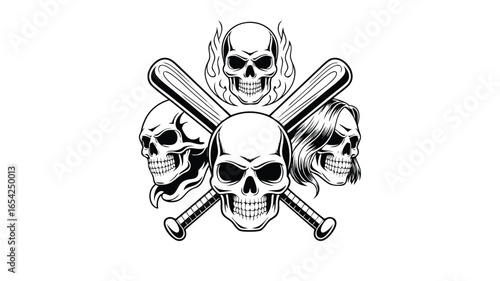 Skulls and Crossed Baseball Bats Gothic Tattoo Design Illustration in Black and White