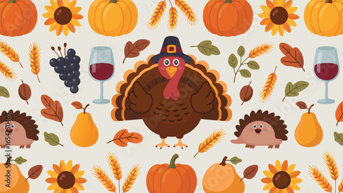 Thanksgiving Seamless Pattern with Turkey, Pumpkins, Sunflowers, and Wine Glass, Featuring Harvest Elements