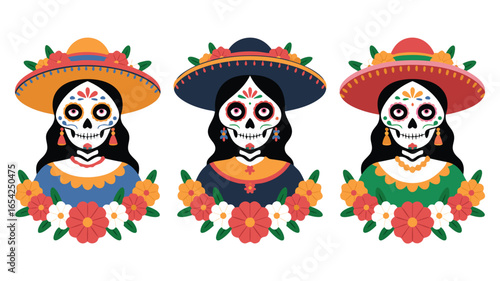 Three Calaveras with Sombreros and Colorful Flowers, Day of the Dead Illustration