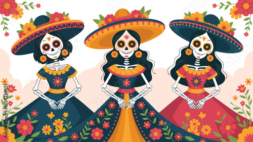 Three La Catrinas in Floral Dresses and Sombreros, Celebrating the Day of the Dead