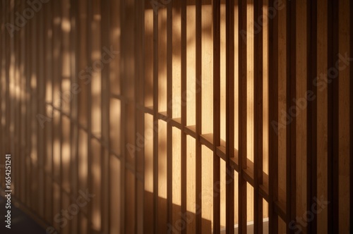 Wallpaper Mural Warm Sunlight Creates Dramatic Shadows on Wooden Slats and Staircase Railing Torontodigital.ca