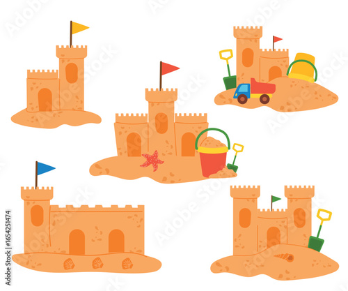 Sand castles set on white background. Colored icons set