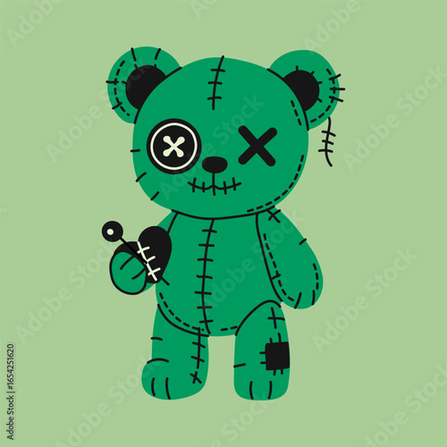 Green Stitched Voodoo Bear with Heart and Button Eye