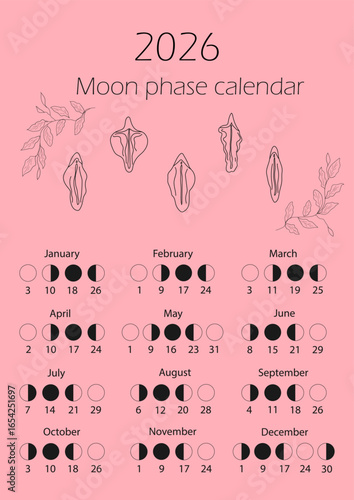 Moon phases calendar 2026. Waning gibbous, Waxing crescent, New moon, Full moon with dates.