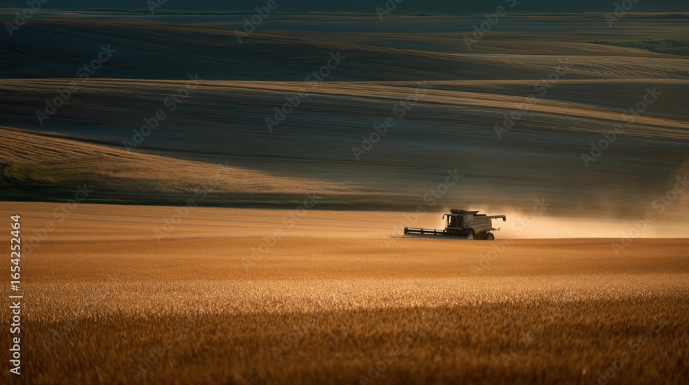Fototapeta premium Agricultural machinery harvesting golden wheat in expansive fields under a dramatic sky, showcasing the beauty of rural farming and the essence of harvest season
