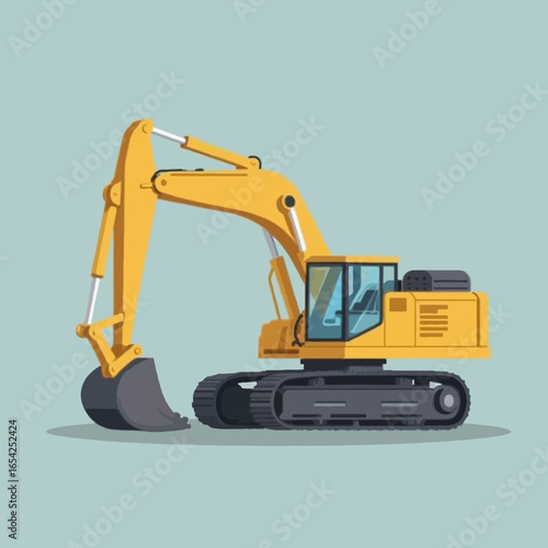 A yellow excavator, powerful and ready for work, sits on a pale background.